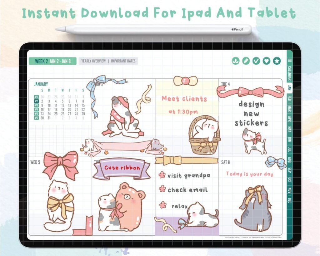 Cute Ribbon Kitty digital stickers , Goodnotes Stickers , Cute Hand ...