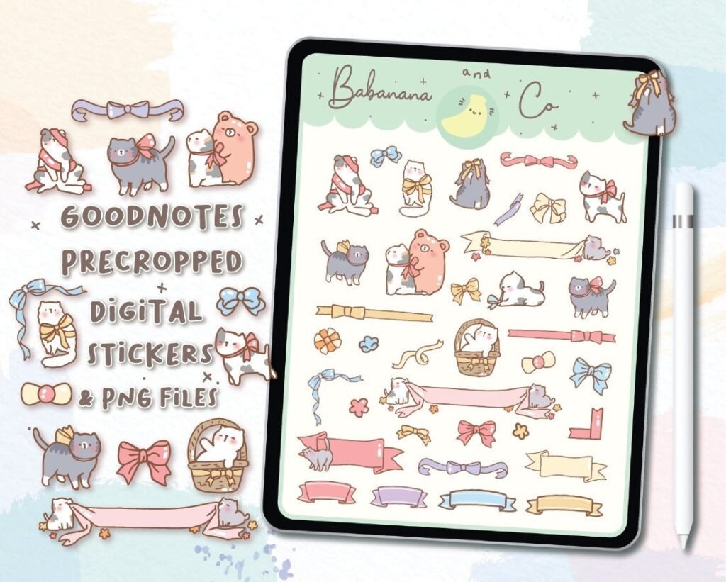 Cute Ribbon Kitty digital stickers , Goodnotes Stickers , Cute Hand ...