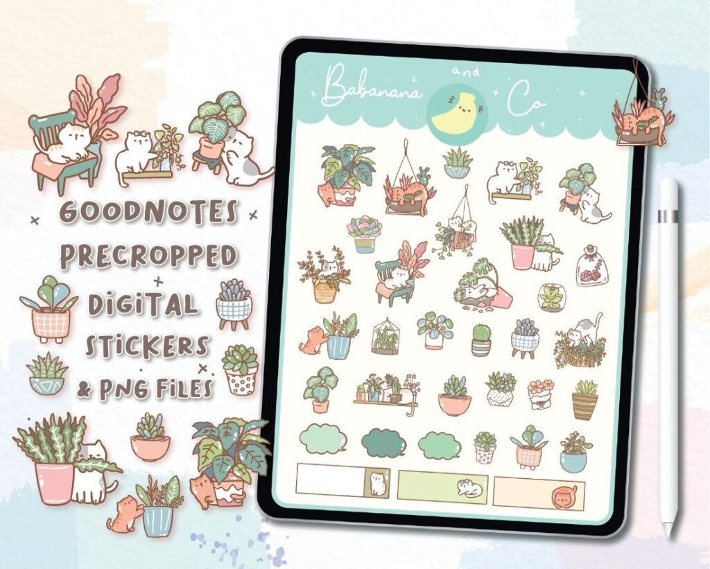 Cats And Plants digital stickers , Goodnotes Stickers , Cute Hand Draw ...