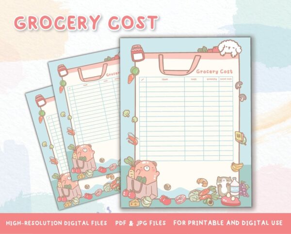 Grocery Cost - Printable Grocery List -  Digital Download Printable