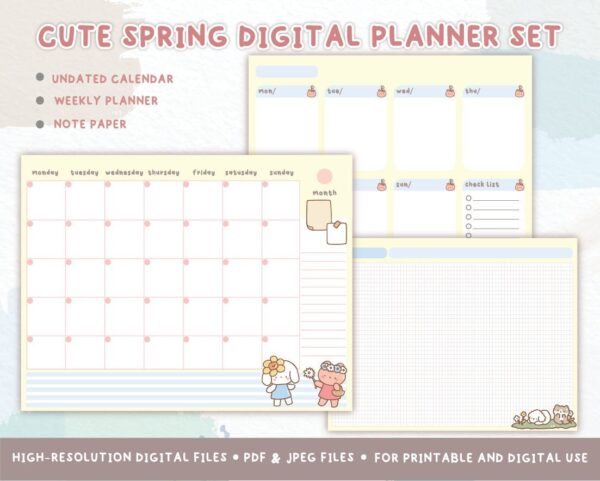 Cute Spring Digital Planner Set|Open Calendar