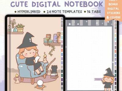 Digital Illustrated Cute Witch Designs Notebook