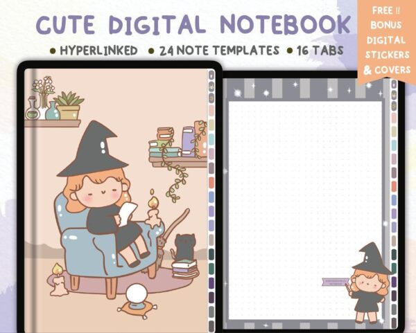 Digital Illustrated Cute Witch Designs Notebook