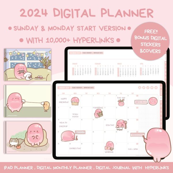 2024 Cute Digital Planner | Digital Goodnotes Planner | Daily Planner | Weekly Planner | Sunday Monday start