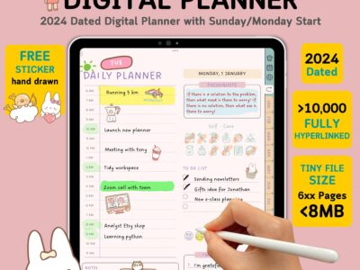 New 2024 Dated Digital Planner | Portrait Goodnotes Planner with Hyperlinked | Monthly