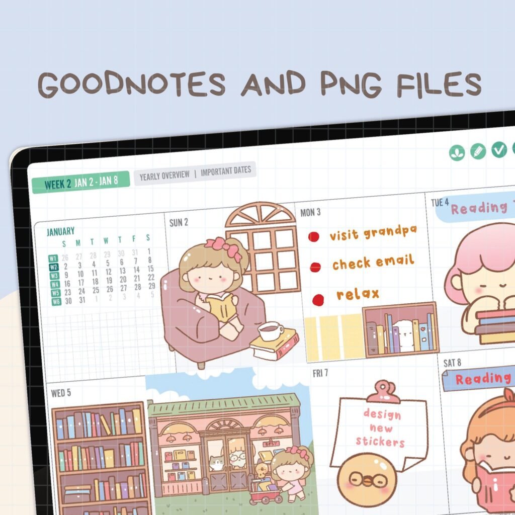 Reading books digital stickers | Goodnotes Stickers | Cute Hand Draw ...