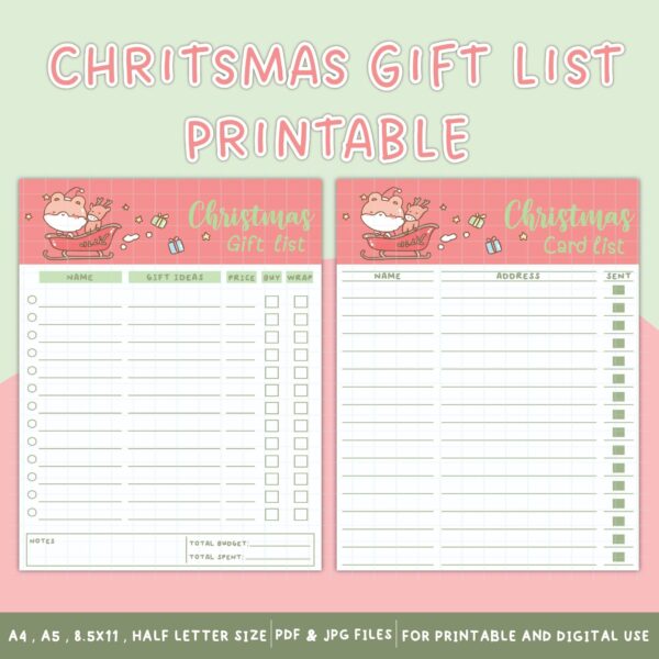 Printable Chritsmas Gift List|Christmas Card  List|Christmas Shopping List|Christmas Gift Tracker|Christmas Card Tracker|Digital DownloadPDF