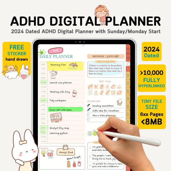 New 2024 ADHD Digital Planner | Portrait Goodnotes Planner with Hyperlinked | Monthly