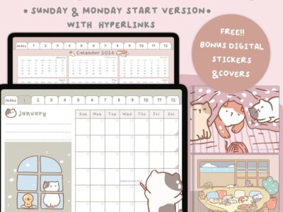 New Undated Digital Planner for GoodNotes | Undated Calendar | Monthly Weekly Planning | Cute Cats Stickers | Cats Calendar and Planner