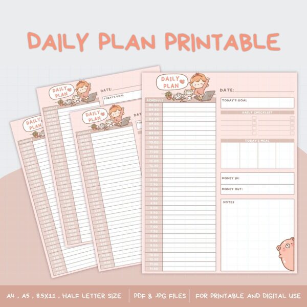 Cute Daily Planner Printable|Digital Daily Planner Template|Printable Stationery|Available in A4/A5/Letter/Half Size|Instant Download PDF